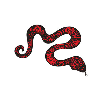 Black viper snake with flower painting ethno red color, vector illustration