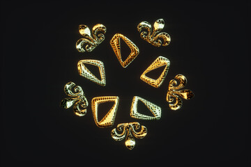 golden figures on a dark background, abstraction. 3D render, 3D illustration.
