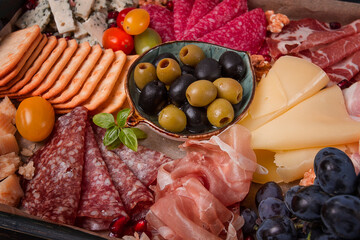 Appetizer, assortment, set, sausage, and cheese, on a wooden board, top view, no people,