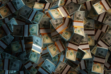 a lot of american dollars in packs top view, bundles of money. 3D render, 3D illustration. - obrazy, fototapety, plakaty