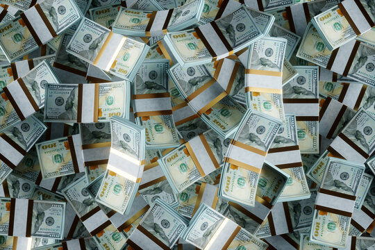 a lot of american dollars in packs top view, bundles of money. 3D render, 3D illustration.