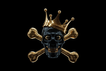 Human skull and crossbones, jolly roger, pirates, danger sign. Modern design, magazine style, creative image, trendy template, black and gold luxury style. 3D render, 3D illustration.