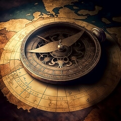 Fototapeta na wymiar vintage astrolabe on the background of the world map