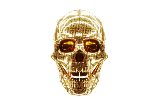 Golden human skull on a white background, isolate. Modern design, magazine style, creative image, trendy template, black and gold luxury style. 3D render, 3D illustration.