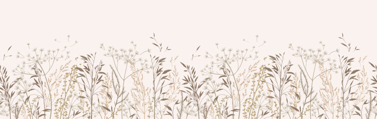 Vector illustration with wild and dry herbs. Panoramic horizontal seamless pattern. Autumn meadow. Ornament for wallpaper, card, border, banner or your other design. Natural beige tones. 