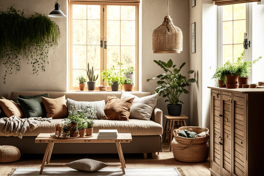 Country living room with beige toned eco interior design, a sofa and carpet made of sustainable materials, potted plants, a desk, a window, and hanging lamps. Concept for sustainable, recyclable archi