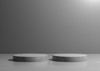 Grey shades abstract cement stage or podium with place for your product presentation on blank metal wall background with back light