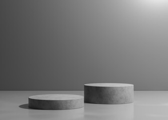 Grey shades abstract cement stage or podium with place for your product presentation on blank metal wall background with back light
