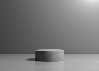 Grey shades abstract cement stage or podium with place for your product presentation on blank metal wall background with back light