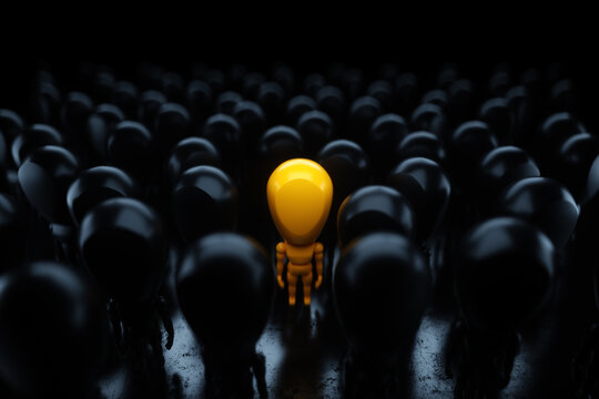 The concept of loneliness, depression, not being like everyone else. yellow figurine of a man with redm crowd of black figures. 3D render, 3D illustration.