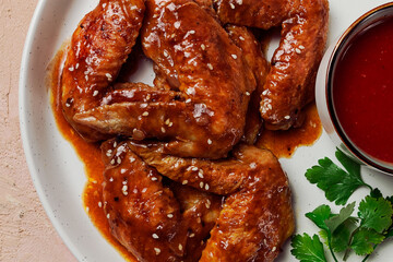 Chicken wings, with barbecue sauce, with tomato sauce, fast food, no people,