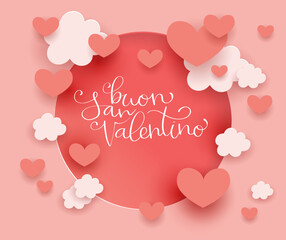 Fototapeta na wymiar Buon San Valentino translation from italian Happy Valentine day. Handwritten calligraphy lettering illustration. Vector background with paper cut hearts and clouds.