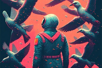 An astronaut stands among a flock of birds