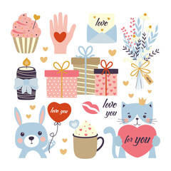 cartoon set decor elements for valentines day