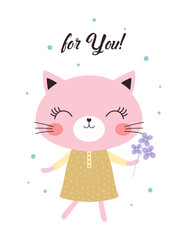 cartoon greeting card with cute cat, print for kids
