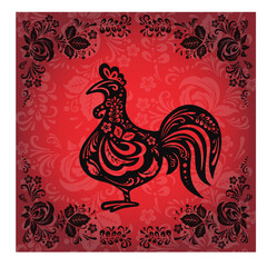 Black ethnic boho rooster, kura on the background of a red banner illustration © irina