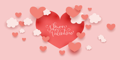 Buon San Valentino translation from italian Happy Valentine day. Handwritten calligraphy lettering illustration. Vector background with paper cut hearts and clouds.