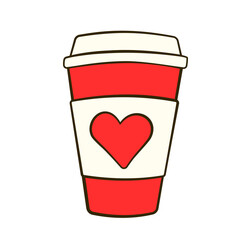 Cup with red heart on label. Valentine's day. Cartoon flat icon. Vector illustration