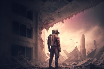 An astronaut stands in the ruins of a city