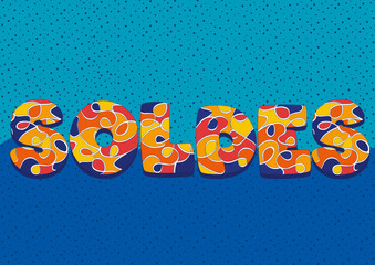 SOLDES titre affiche pour affaires business coloré sur fond bleu clair et foncé avec des pois et lettres en relief décalées en effet mosaïque 