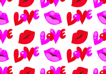 Fototapeta premium Bright pink and red lips with the inscription love on a light white background. Seamless pattern, print for Valentine's Day. Vector illustration