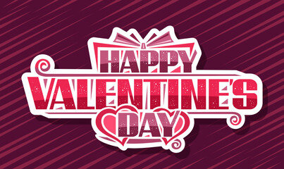Vector logo for Valentine's Day, white decorative tag with illustrations of gift box with bow, pair outline valentines hearts and flourishes, text happy valentine's day on striped purple background
