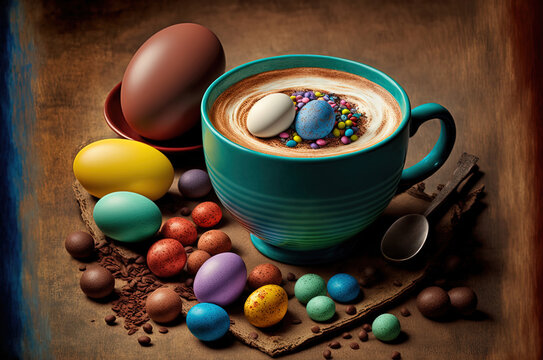 cup of coffee with chocolate easter eggs. Generative AI picture.