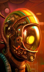 multicolored steampunk cyborg with helmet, sketch style illustration, generative ai (these depiction is fictitious and generated)
