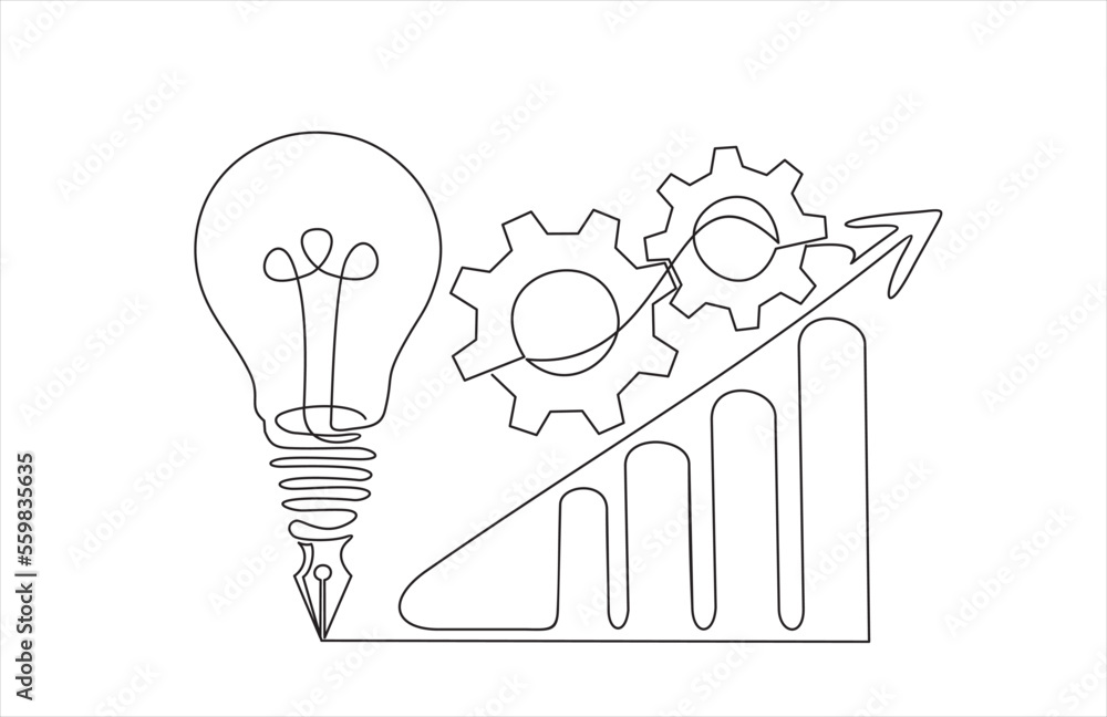 Poster continuous line drawing of gears, lights idea and graph.continuous line drawing. startup business. v