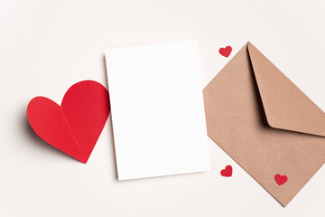 Valentines day card mockup and red heart on paper background
