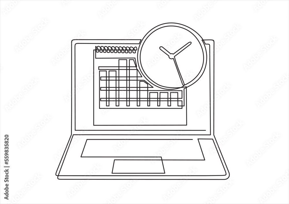 Poster continuous line drawing or one line drawing of calendar and clock on laptop screen. schedule concept