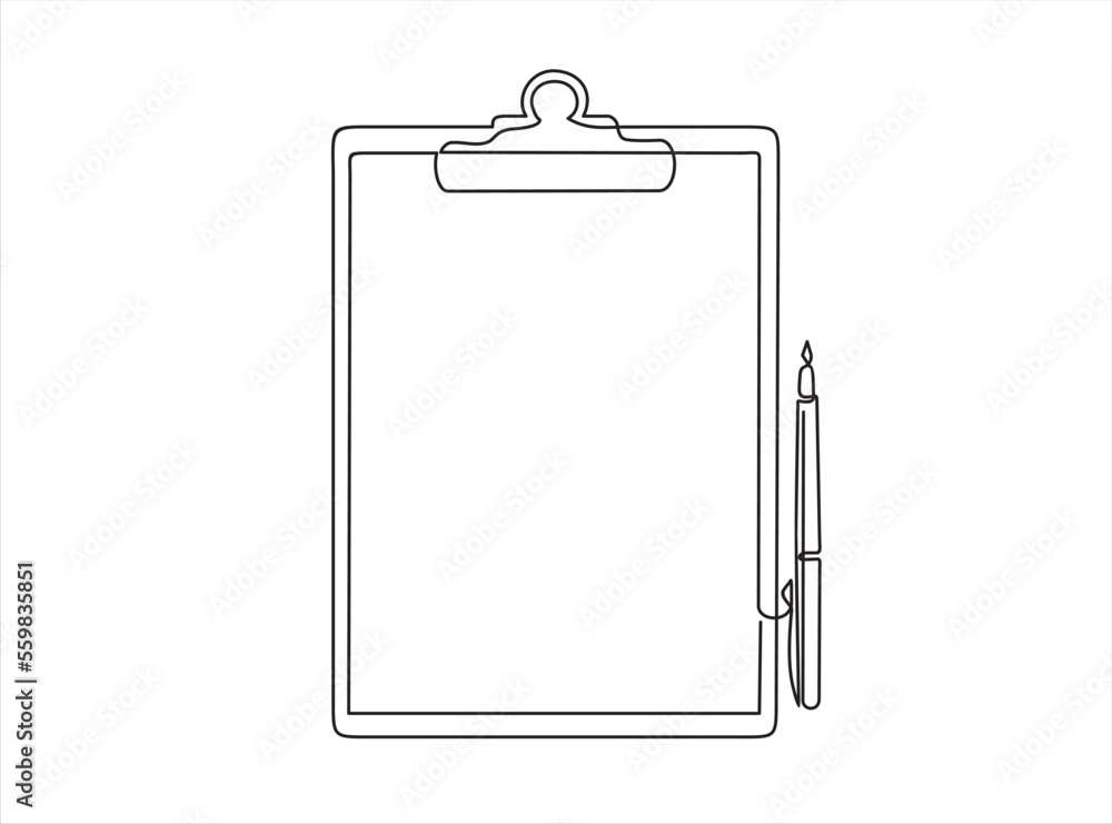 Poster continuous one line drawing of clipboard paper and pen isolated in continuous line art style vector