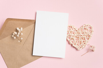 Wedding invitation card mockup with envelope and heart