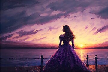 Girl in purple dress on the beach at sunset