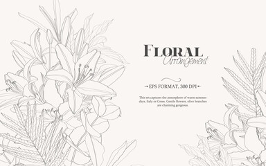 Neutral minimal background in pastel colors with garden flowers and leaves. Illustration for  invitation, greeting card, packaging, branding design,banner,presentation,poster,advertising.