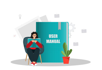 A person, woman reading user manual book, guide instruction or textbooks, specifications user guidance document, flat vector illustration