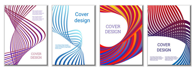 A set of 4 abstract covers. Wavy parallel gradient lines, ribbons evolve. Cover design, background. Trendy banner, poster.