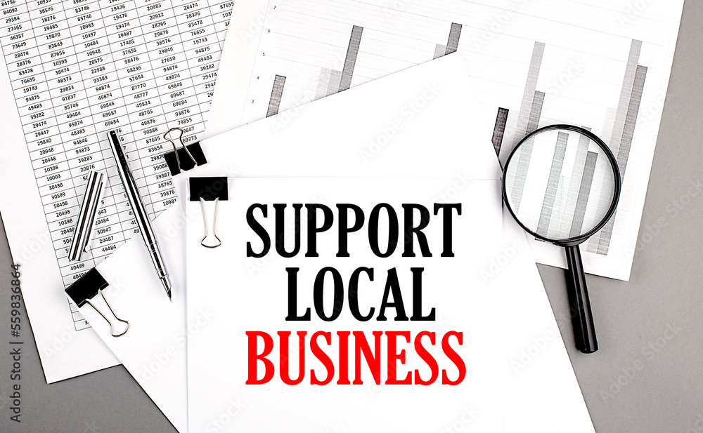 Poster support local business text on paper on chart background