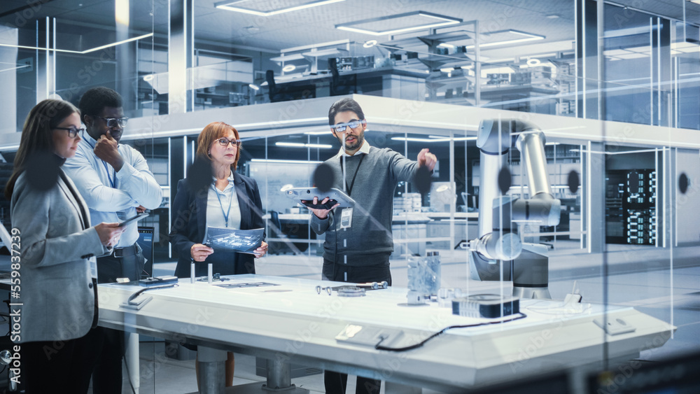 Aufkleber Robotics Engineers, Project Manager and Machinery Operator Collaborate on a Robot Arm Project, Standing with Tablet Computers in Scientific Technology Lab. Team Developing an AI Robotic Arm.