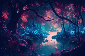 Obraz na płótnie Canvas magical fantasy forest with river or lake. Generative AI