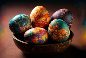 easter eggs in a bowl. Generative AI picture.
