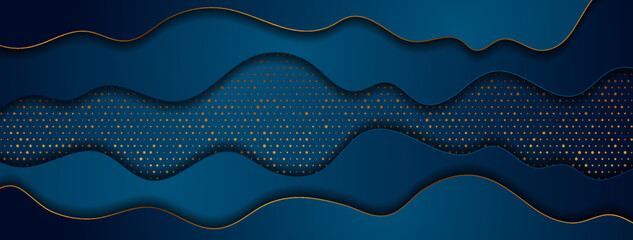 Dark blue waves and golden dots abstract tech geometric background. Luxury glitter concept vector design