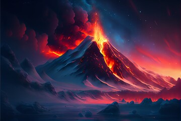 Fototapeta na wymiar Mountainous volcano erupting and casting lava. Generative AI