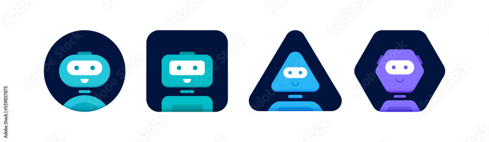 Poster chatbot character set. cute 3d bot sign. chat bot logo design. bot for online consultation and suppo