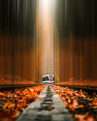 View of a tram on the railway crossing a wood in autumn, Moscow, Russia.