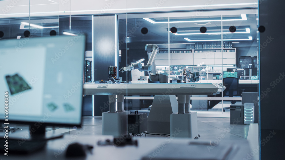 Poster Modern High Tech Robotic Arm Picking Up and Moving a Microchip. Robot Hand Working at a Research and Development Factory with Server Racks in the Background.