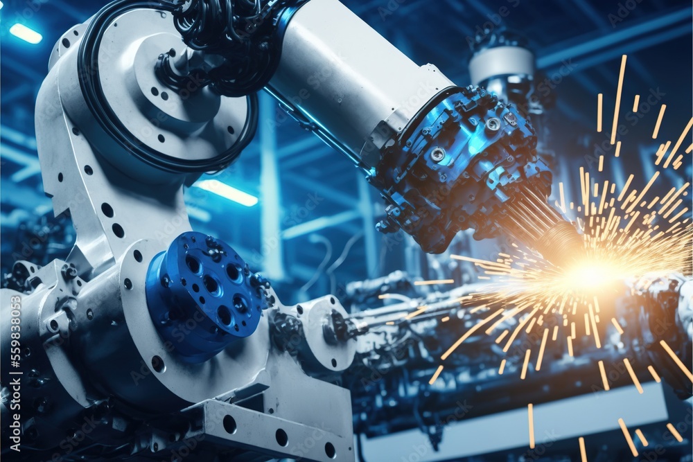Poster hand of robot working steel welding building electronic machine in factory.generative ai