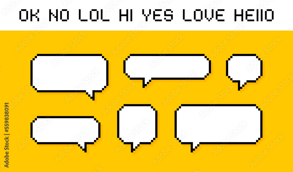 Poster set different shape pixel speech bubble. geometric texting dialogue boxes. colored quote box speech 