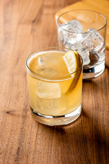 Whiskey sour. Classic Cocktail. Mixed drink with whiskey, lemon juice, sugar, and optionally, a dash of egg white. It is a type of sour, a mixed drink with base spirit, citrus juice, and a sweetener. 