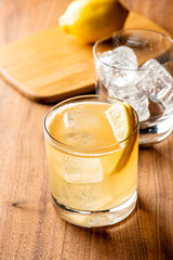 Whiskey sour. Classic Cocktail. Mixed drink with whiskey, lemon juice, sugar, and optionally, a dash of egg white. It is a type of sour, a mixed drink with base spirit, citrus juice, and a sweetener. 
